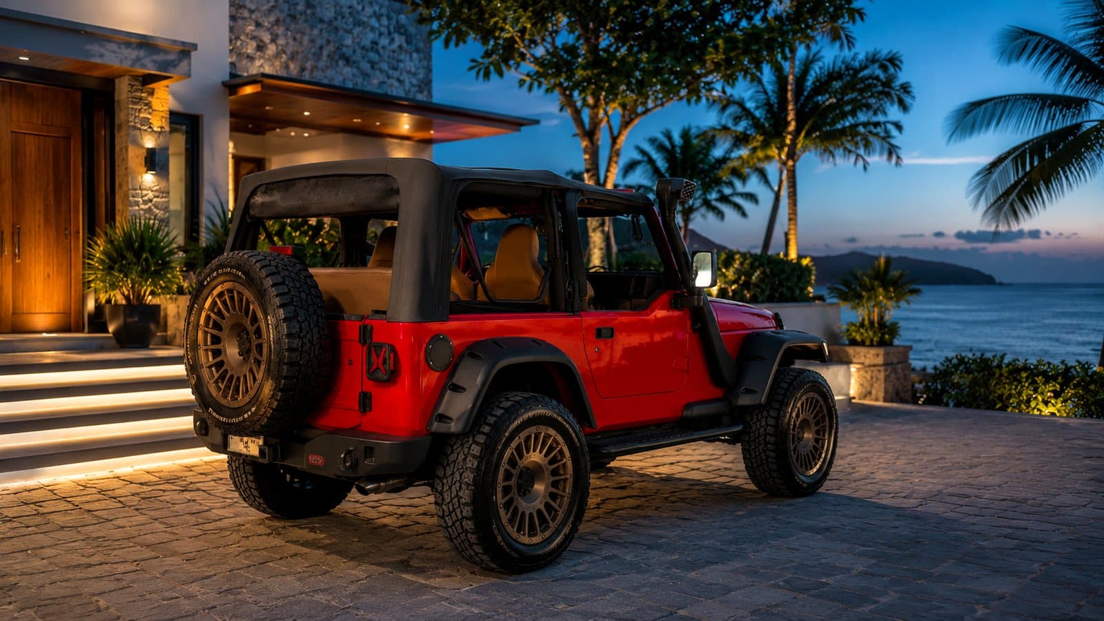 Pulling up to a beachfront villa at dusk